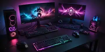 Modern PC gaming setup with backlit keyboard, sleek mouse, high-refresh-rate monitor, and gaming headset for competitive play.