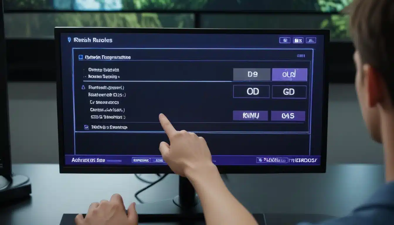 Monitor OSD menu showing refresh rate and response time settings being adjusted by a hand.