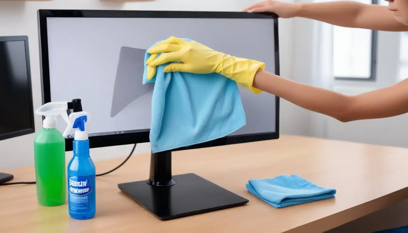 Person cleaning computer monitor screen with microfiber cloth and spray.