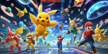 Nintendo characters surrounded by futuristic game release calendar for 2025, showing upcoming titles.