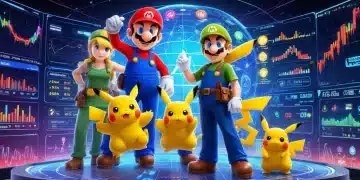 Nintendo characters in front of a holographic financial dashboard illustrating 2025 strategy