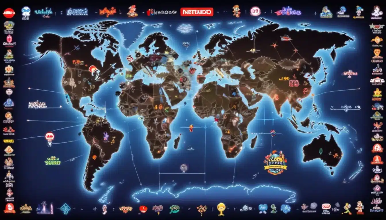 World map showing Nintendo's global market expansion with characters and console symbols
