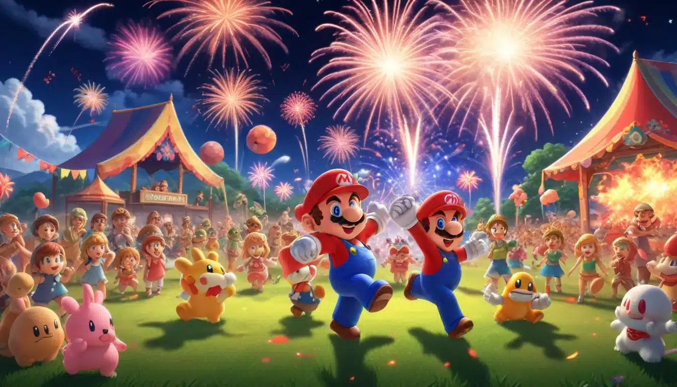 Nintendo characters celebrating a summer festival, hinting at major game releases in mid-2025.