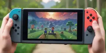 Hands holding a Nintendo Switch with a full battery, playing outdoors.