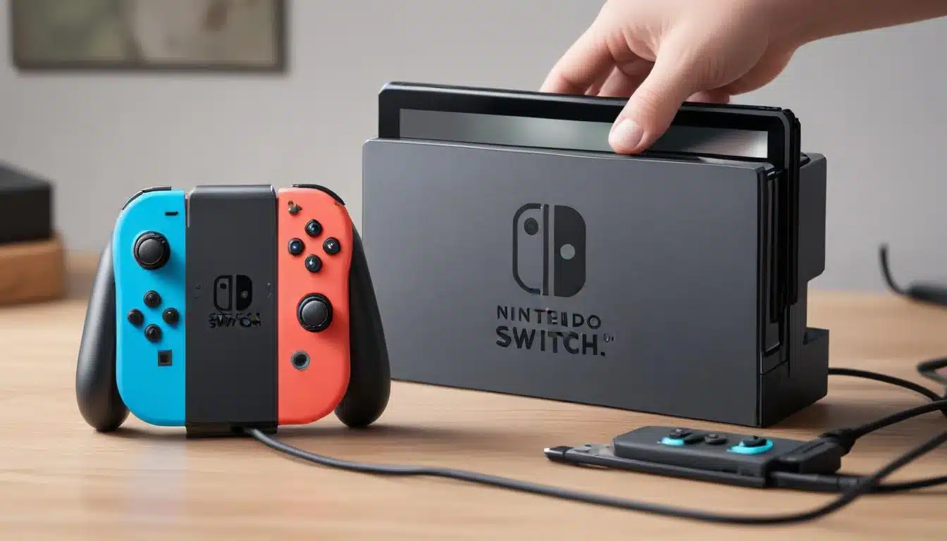 Nintendo Switch docked and charging, illustrating proper battery care.