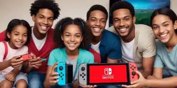 Family and friends enjoying Nintendo Switch multiplayer with a banner indicating 60% savings on the family membership.