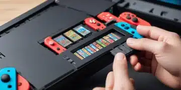 Nintendo Switch with microSD card being inserted, optimizing storage