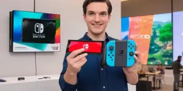 Hand holding old Nintendo Switch, pointing to new OLED model with $150 trade-in credit offer