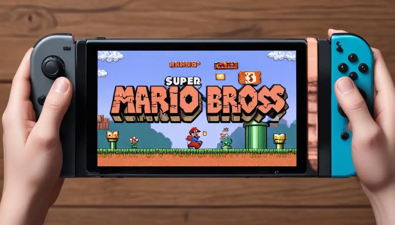 Nintendo Switch showing Super Mario Bros 3 title screen with player hands