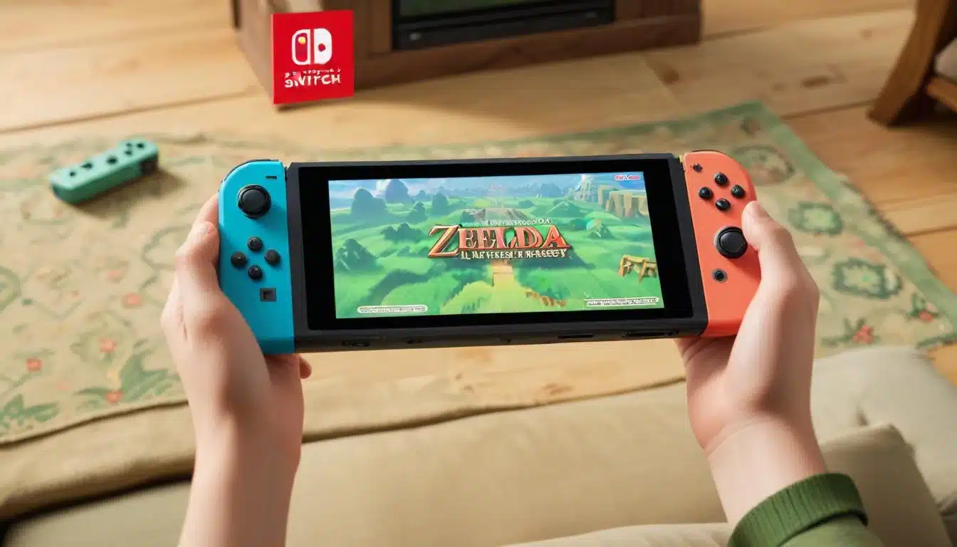 Nintendo Switch in handheld mode playing The Legend of Zelda A Link to the Past