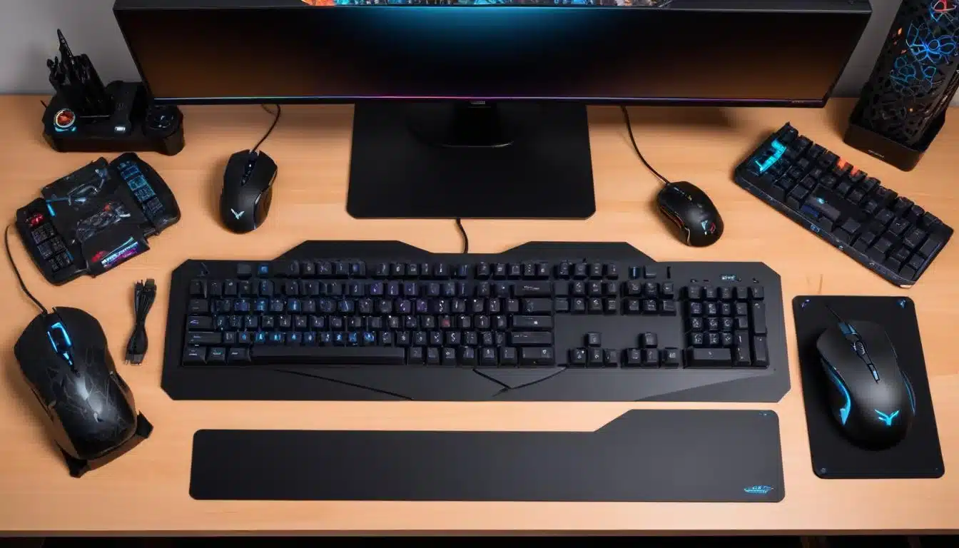 Organized gaming desk with mousepad, mechanical keyboard, mouse, and neat cable management for competitive play.