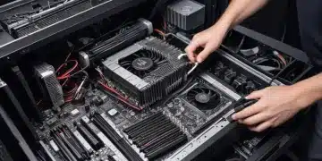 Person cleaning inside of desktop PC with compressed air and tools, removing dust from components.