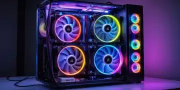 High-performance PC with liquid cooling and RGB fans showing temperature drop
