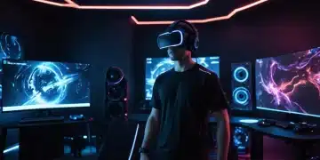 Futuristic gamer in a VR headset with gaming PC in background, PC VR setup 2025