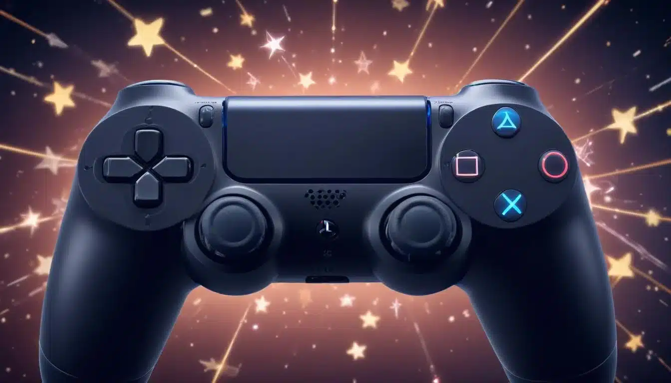 PlayStation controller with digital overlay of stars and points, illustrating the PlayStation Stars rewards system.