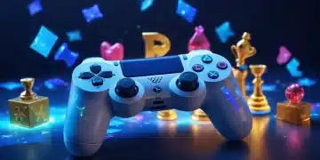 PlayStation controller with floating trophies, symbolizing gaming achievement and progress.