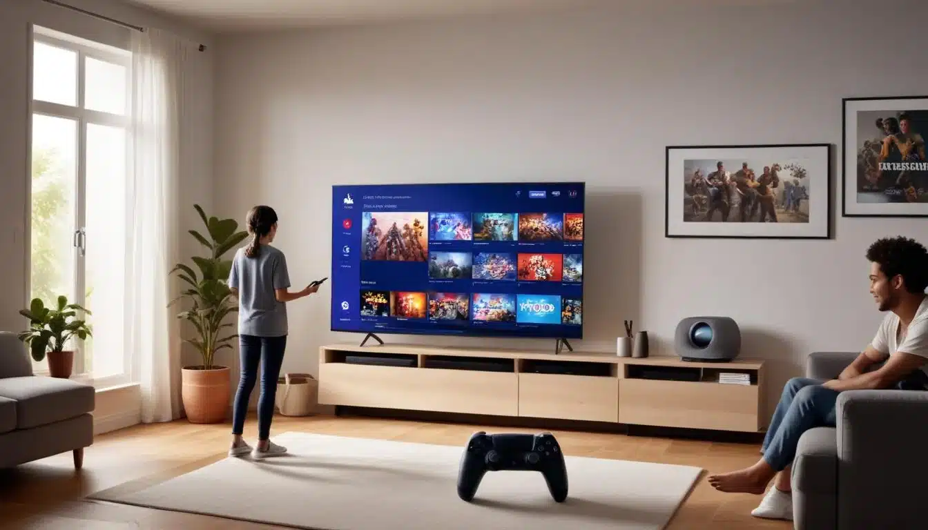 Person streaming a PS5 game via PlayStation Portal and PS Plus Premium, showcasing portable high-fidelity gaming flexibility.
