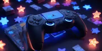PlayStation 5 console with digital stars and game cases, representing rewards and savings for gamers.