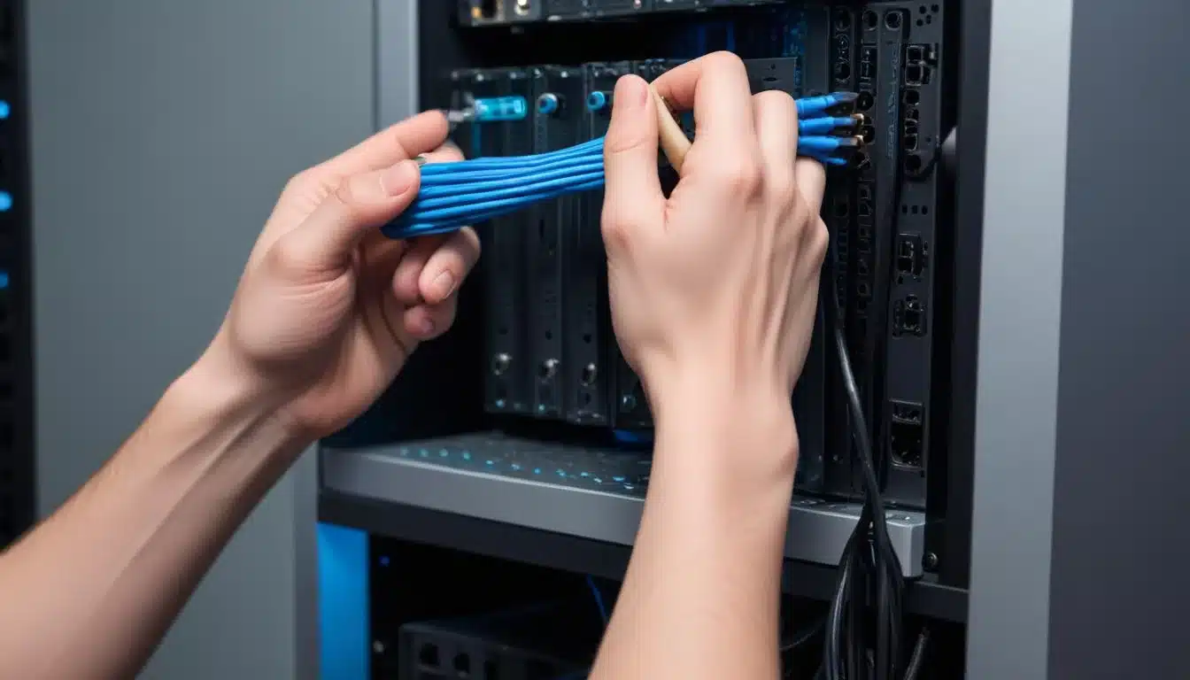 Hand plugging ethernet cable into gaming PC for stable internet