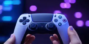 PlayStation 5 DualSense controller with illuminated light bar in a gamer's hands, showcasing its advanced features.