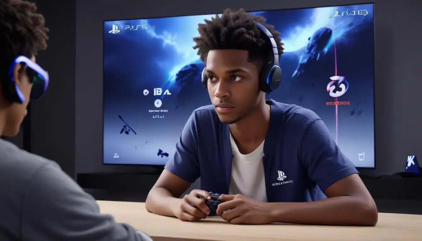 Gamer using PS5 mono audio with subtitles, showing audio accessibility.