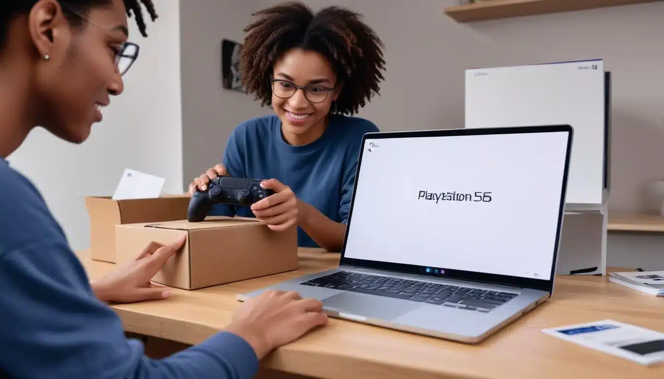 Person checking PS5 order confirmation email on laptop