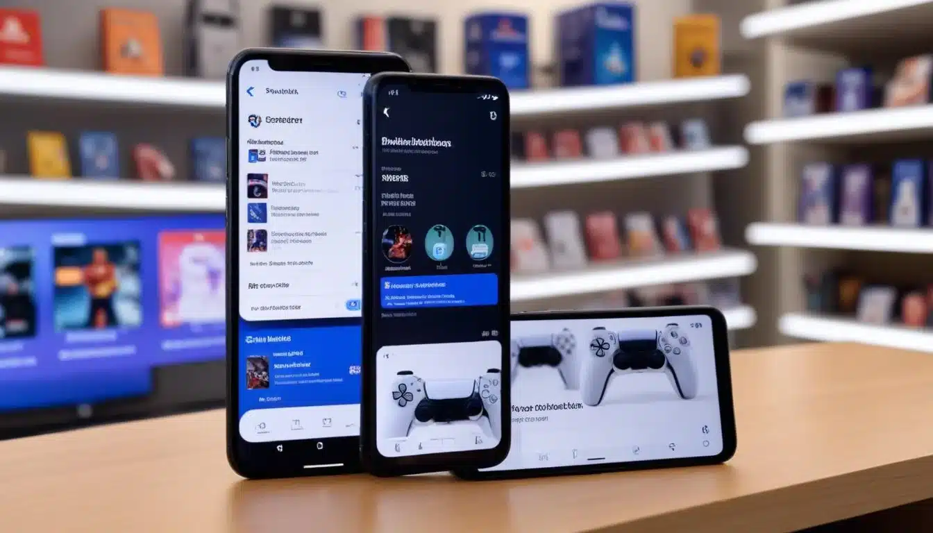 Smartphone showing PS5 restock alerts with console background