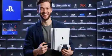 Excited gamer holding PlayStation 5 with retailer logos and 7-day calendar overlay