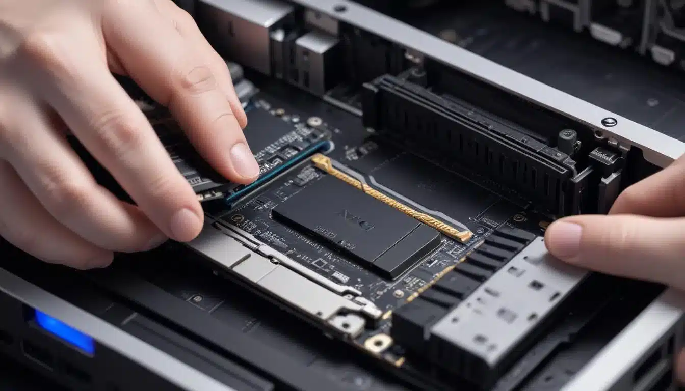M.2 SSD being installed into PlayStation 5 expansion slot for storage upgrade