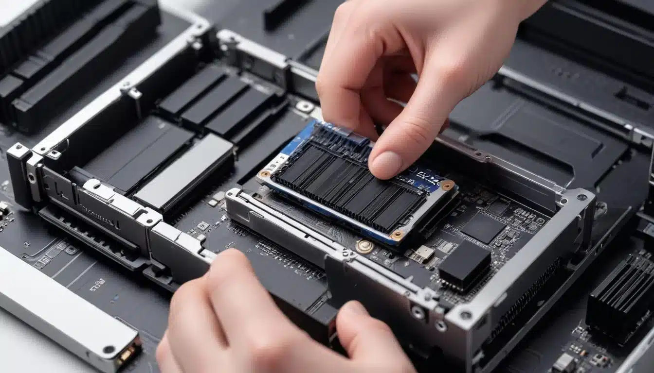 Hands inserting M.2 SSD with heatsink into PS5 expansion slot, showcasing careful installation.