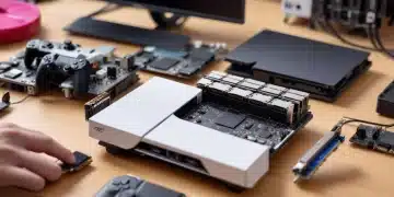 PS5 console open with M.2 SSD being installed, showing internal components and gaming setup.