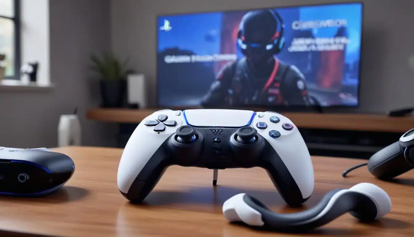 PS5 controller and headset with text-to-speech enabled on game menu.