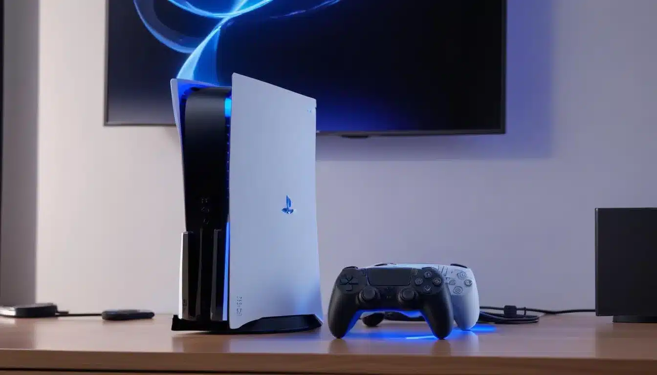 PlayStation 5 console with blue light, next to TV showing system update progress bar in a modern setting.