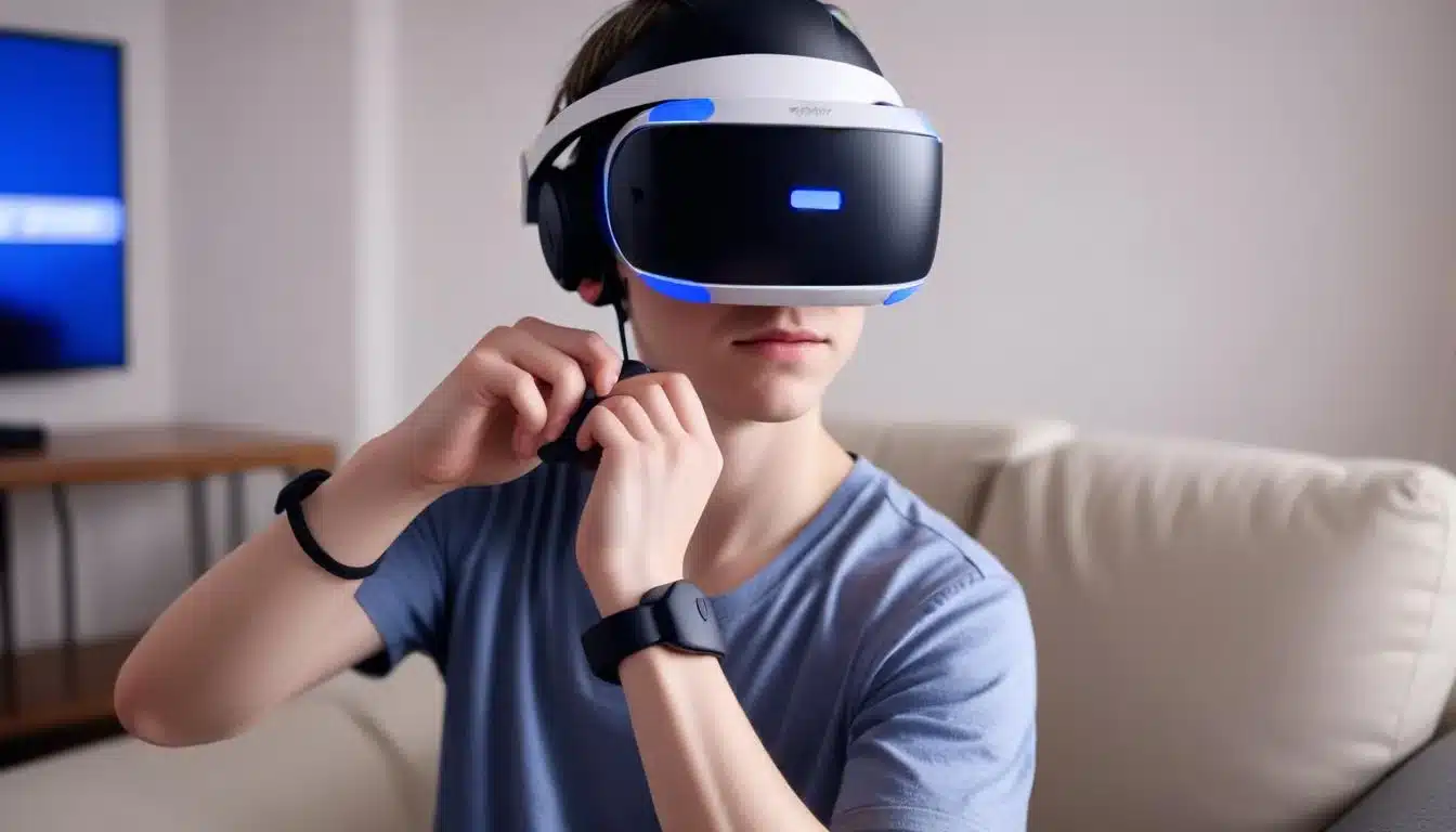 Hands adjusting PlayStation VR2 headset for optimal comfort and fit.