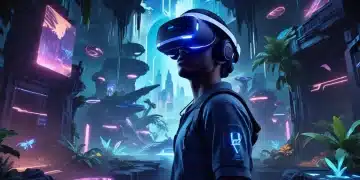 Futuristic PlayStation VR2 headset with holographic game environment projections