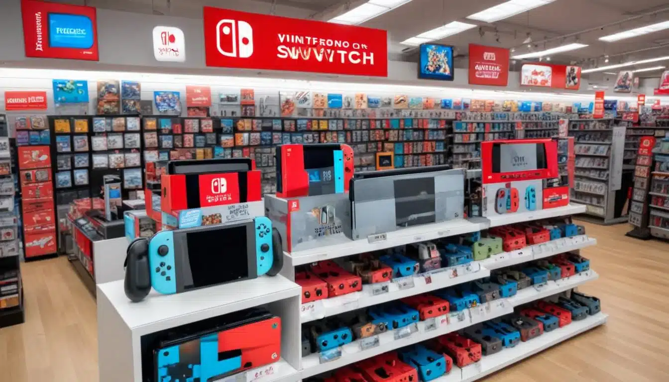 Retail store display with Nintendo Switch consoles and 'Trade-In Your Old Console' sign