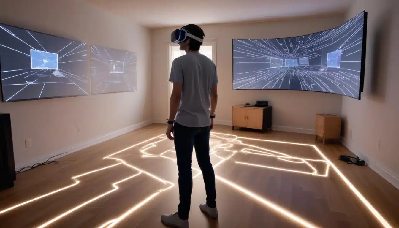 Safe VR play space with virtual boundaries, virtual reality room setup