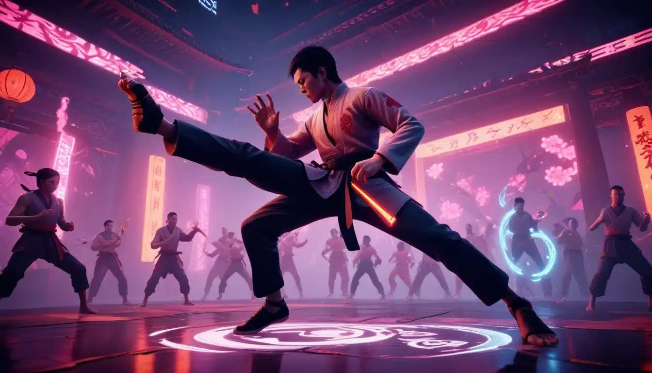 Sifu protagonist delivering a powerful kick in a neon-drenched martial arts battle against multiple opponents.