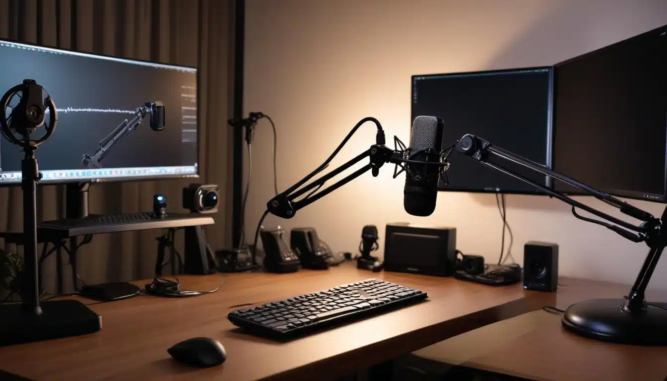 Professional streaming desk with microphone, webcam, and ring light
