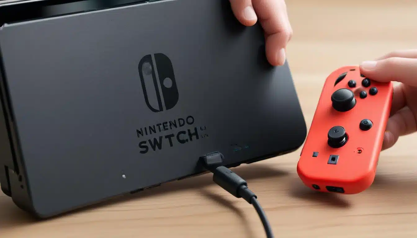 Nintendo Switch charging with official adapter, USB-C port visible