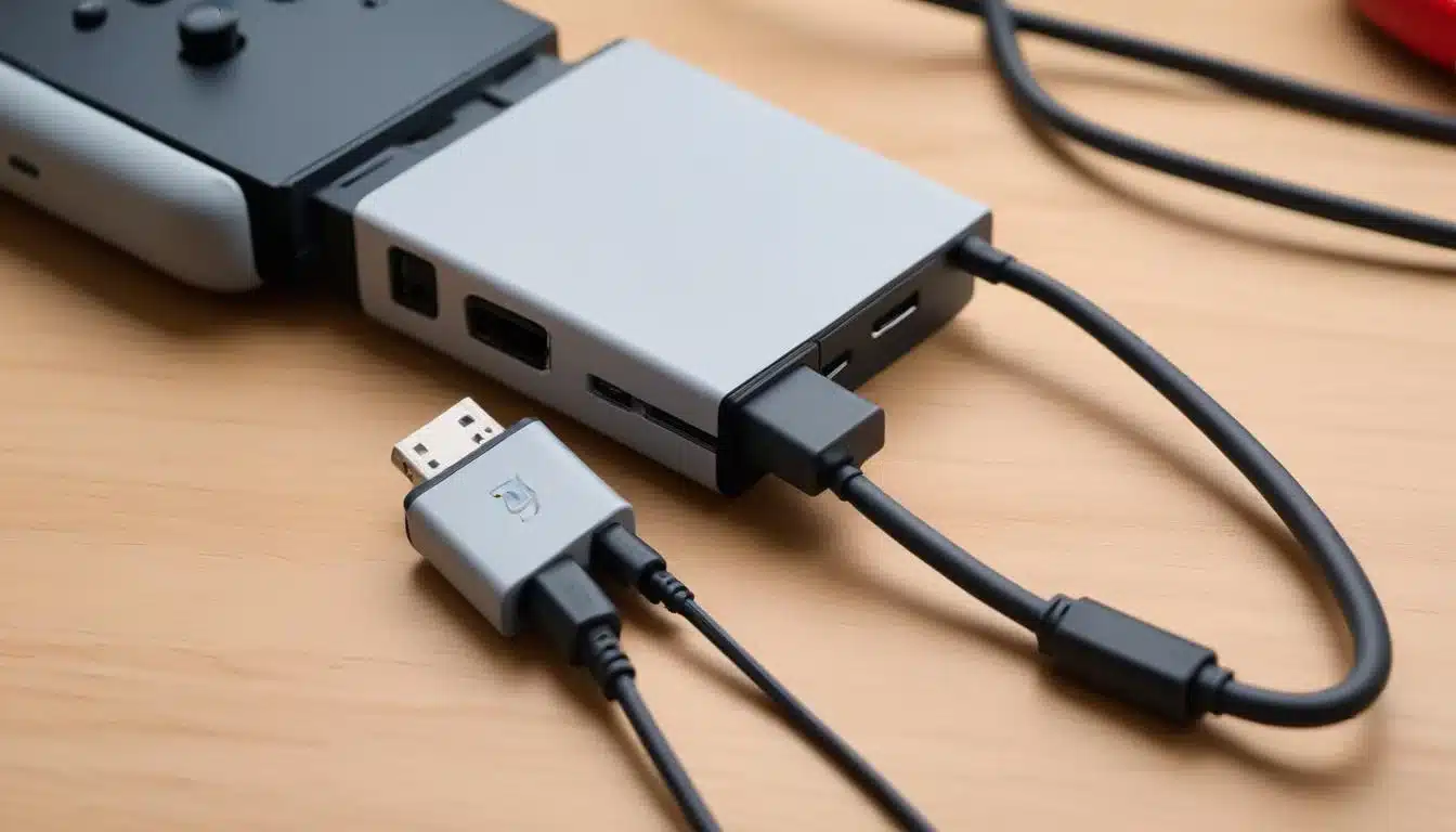 USB-C to USB-A adapter connecting wired controller to Nintendo Switch