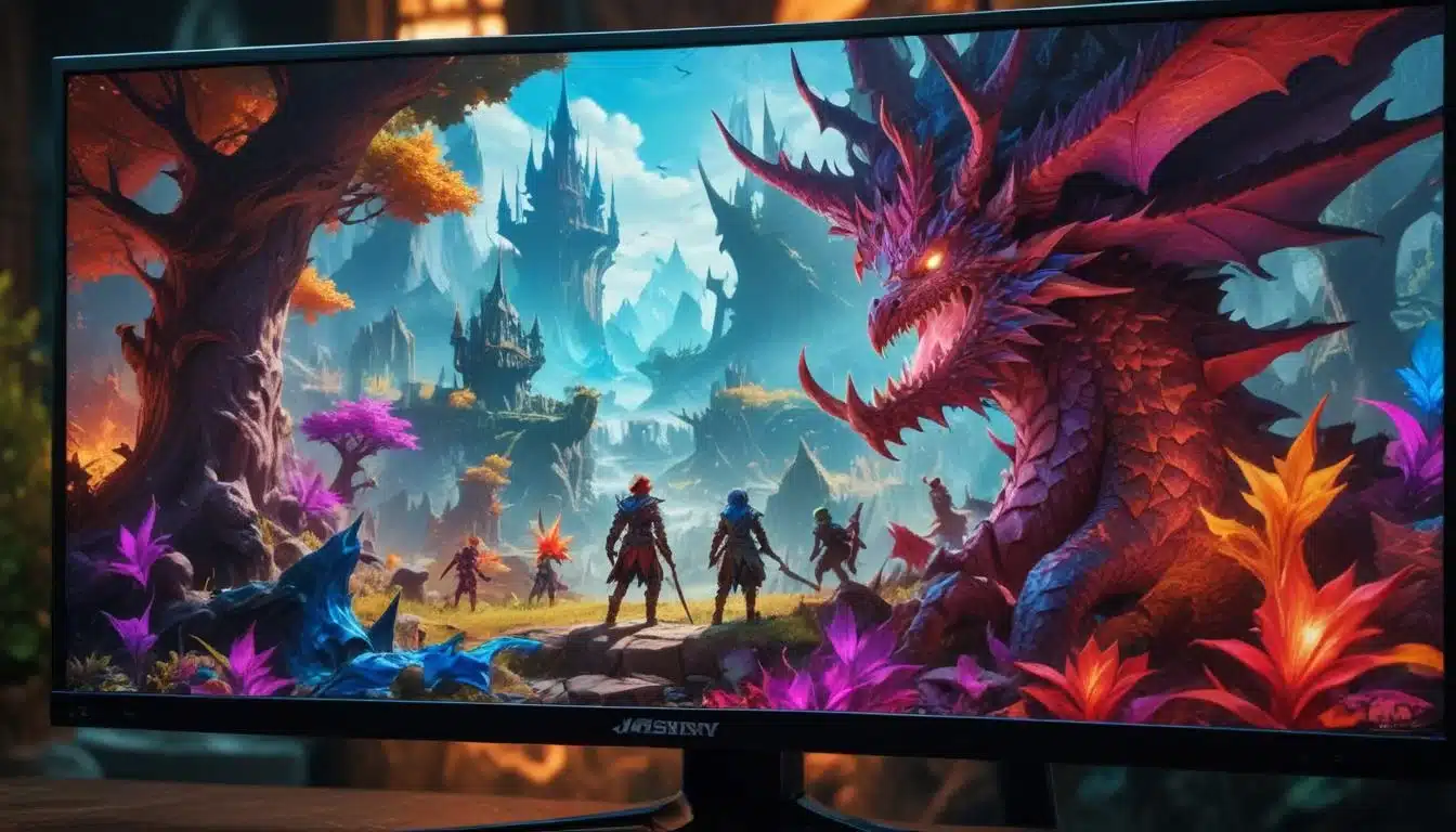 Vibrant fantasy RPG displayed on an IPS gaming monitor