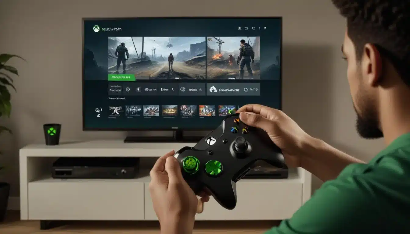 Gamer tracking Xbox achievement progress on TV screen with controller in hand.