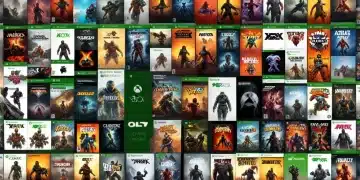 Xbox Series X console with a collage of classic Xbox and Xbox 360 game covers, representing backward compatibility.