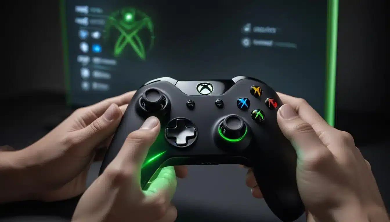 Hands navigating Xbox settings menu to calibrate controller dead zones and sensitivity.