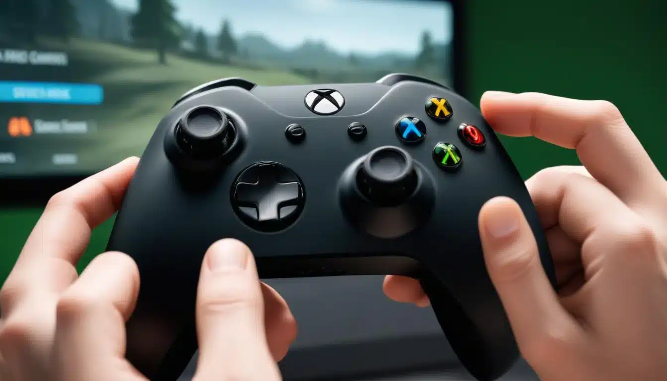 Hand holding Xbox controller, smooth game screen in background.