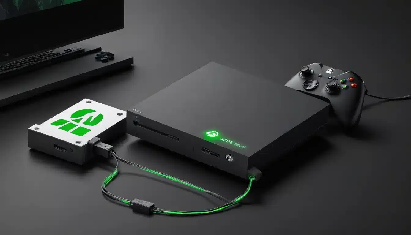 External hard drive connected to Xbox, showing data transfer for game saves.