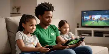 Parent and child using Xbox with tablet showing family settings