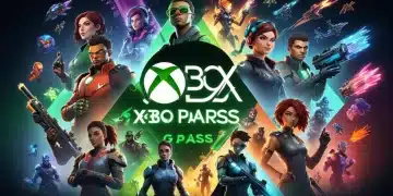 Futuristic Xbox Game Pass logo with gaming elements, dynamic lighting, symbolizing diverse content.