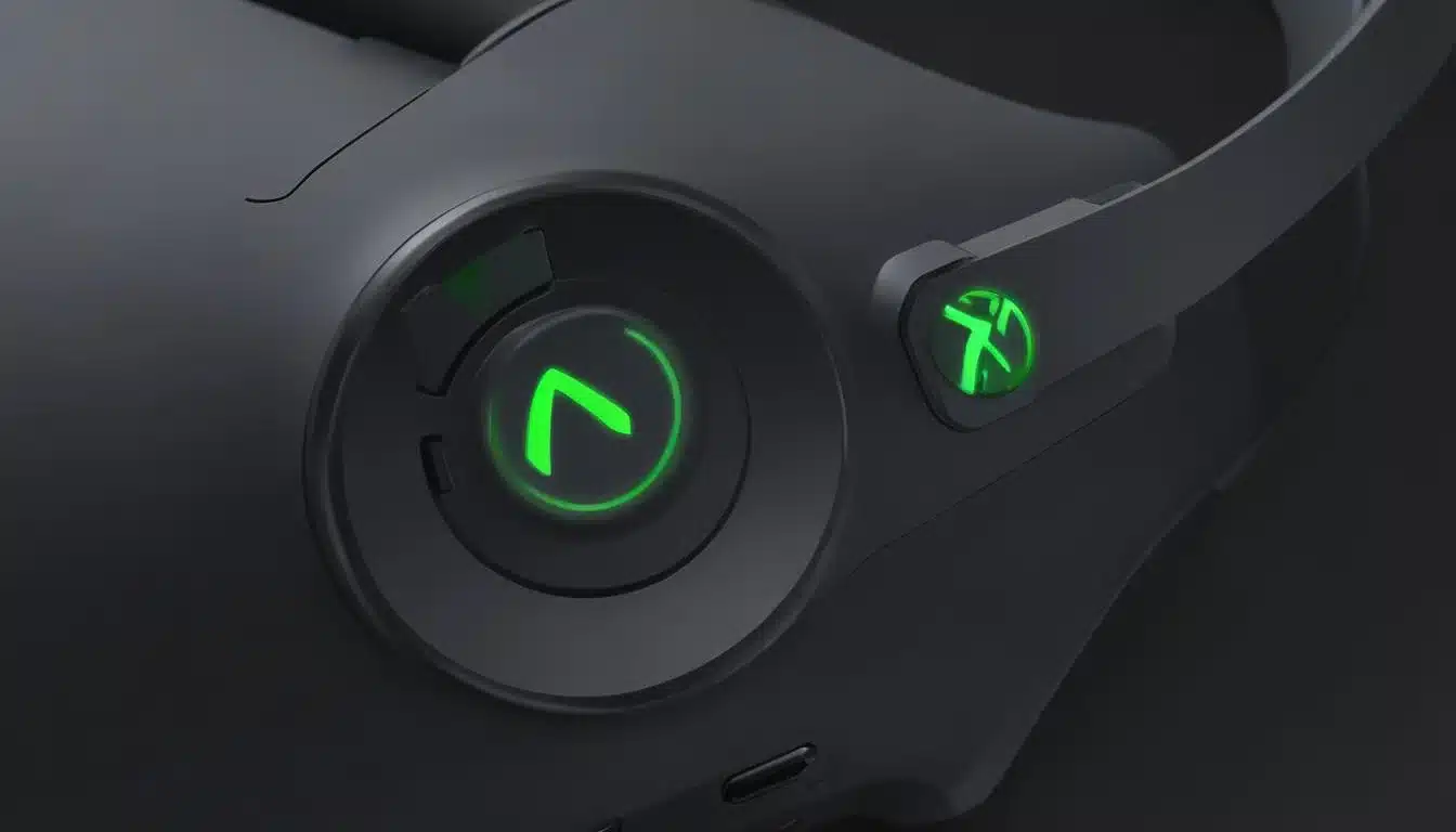 Xbox Wireless Headset power button displaying battery life and power-saving mode indicators.
